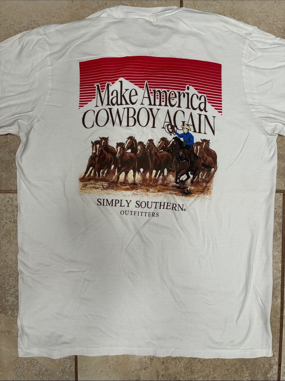 Simply Southern White Long-Sleeve Tee with Red Banner and Brown Horse Graphic